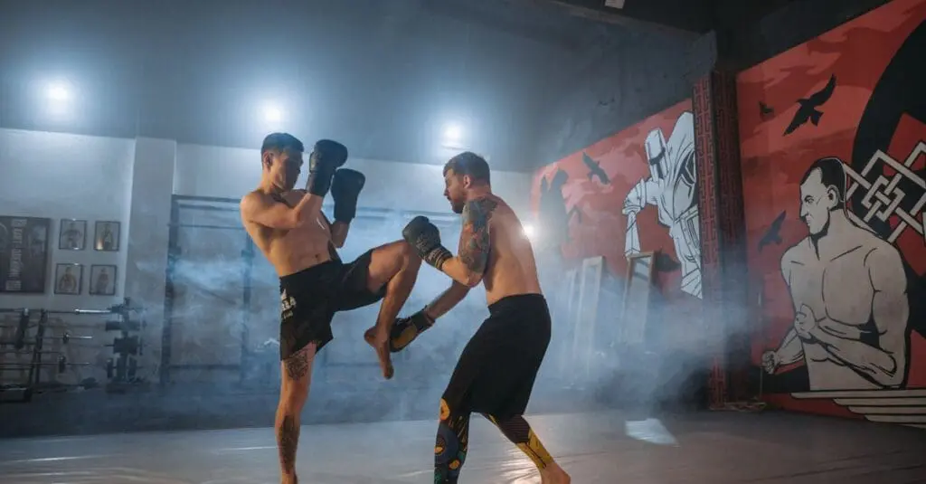 Adult martial artists completing striking practice in a training session for a martial arts training routine for adults